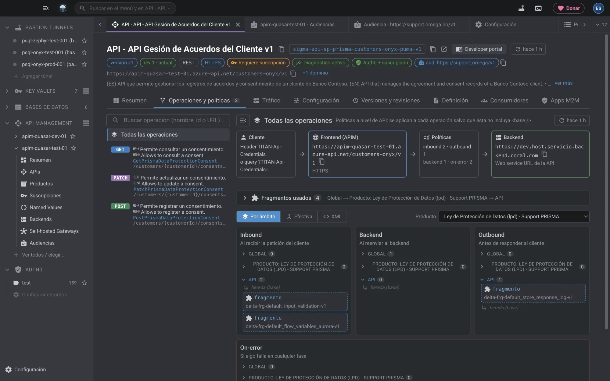 Celeste mostrando una API de API Management: flujo cliente → gateway → políticas → backend y las políticas por ámbito